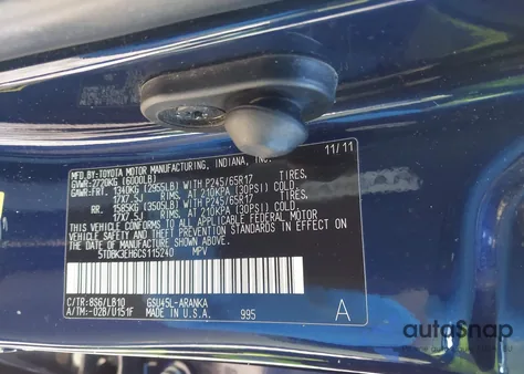 2012 Toyota Highlander Se V6 z USA, uszkodzony, nr VIN 5TDBK3EH6CS115240